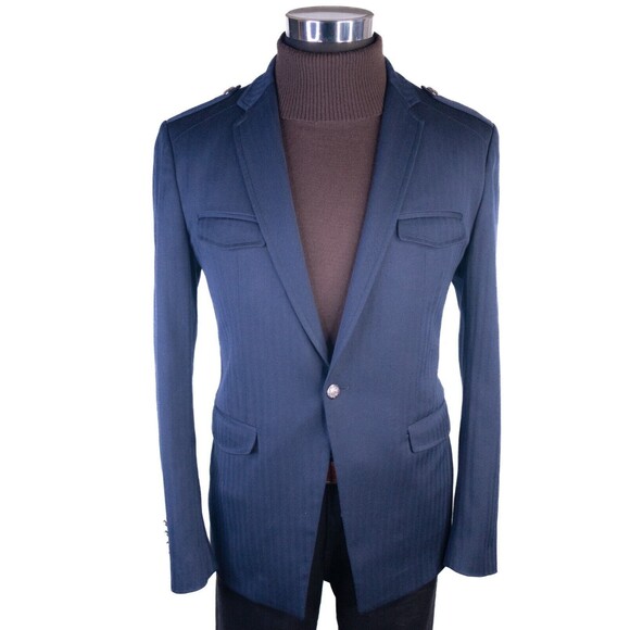 Zara Bazer Mens Sz 42 Herringbone Blue Silver Buttons Sport Coat Jacket Blazer - Picture 2 of 15